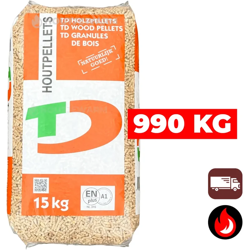 990 kg | Ten Damme (lichte) houtpellets | ENplus A1 | Inclusief bezorging