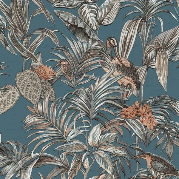 Vliesbehang Bird of paradise jungle blauw 53cmx10m