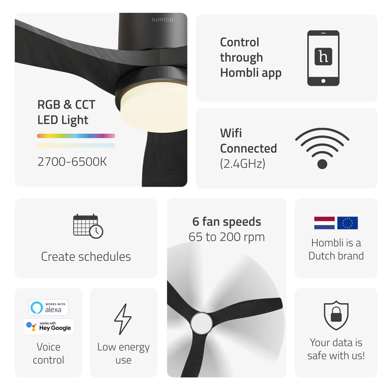 Hombli Smart Ceiling Fan & Light - Black & Black Wood