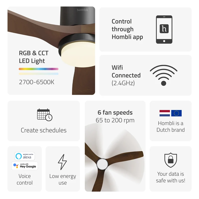 Hombli Smart Ceiling Fan & Light - Black & Dark Wood