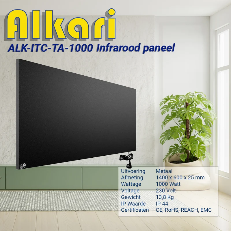 Alkari 1000 Watt zwart infrarood paneel met ingebouwde thermostaat