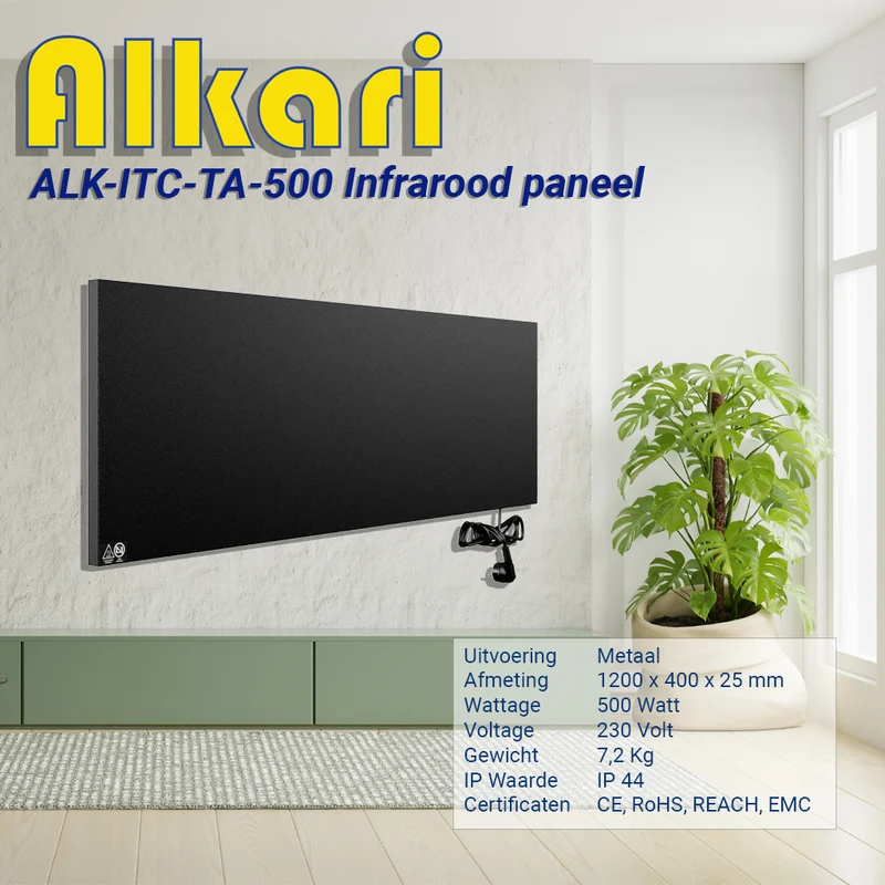 Alkari 500 Watt zwart metalen paneel met ingebouwde thermostaat