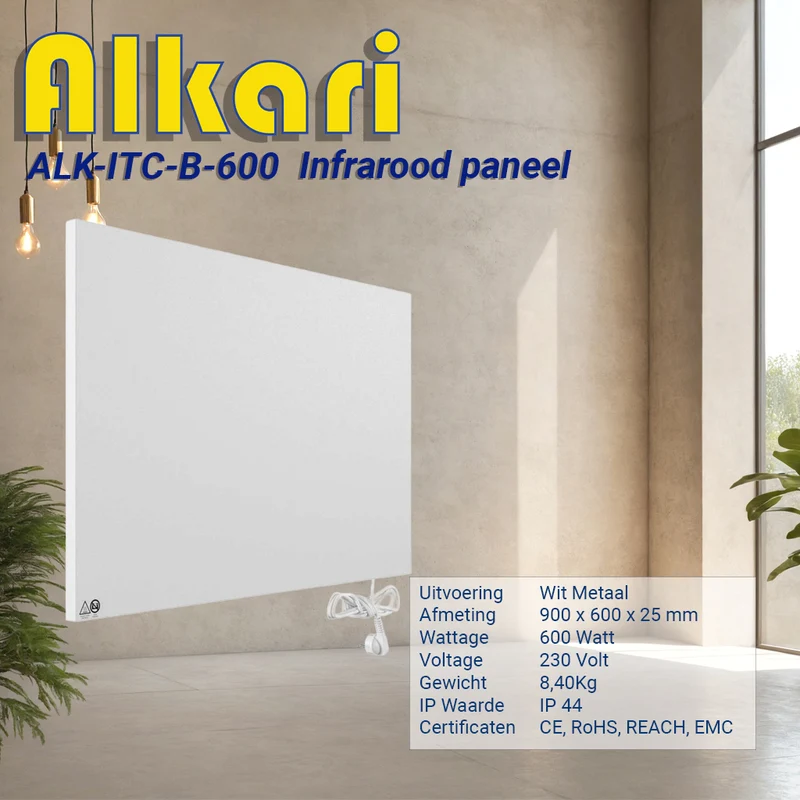 Alkari 600 Watt wit metalen paneel met ingebouwde thermostaat