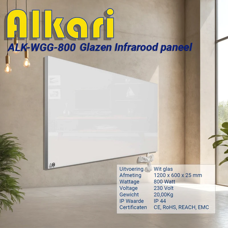 Alkari 800 Watt wit glazen infrarood paneel