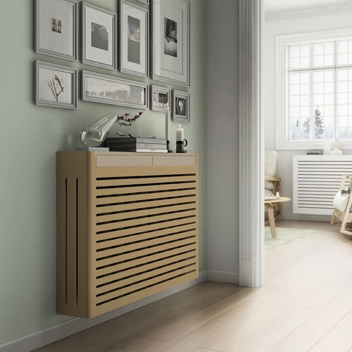 Modern Floating Radiator Heater Cover NORDIC STRIPE Metal Box design in GOLD with drawers RCNR230GD