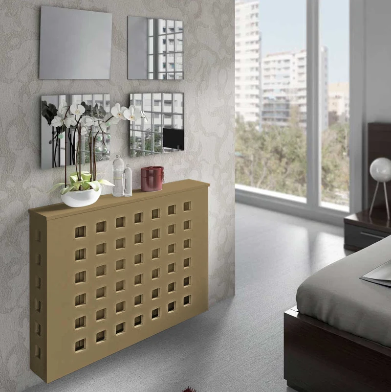 Modern Floating Radiator Heater Cover GEOMETRIC SQUARES Cabinet Design in GOLD with Shelf RCGE243GD