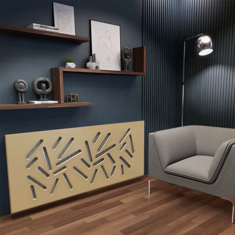 Modern Made to Order Clip on Radiator Heater Cover in GOLD Finish with Trendy STICKS Design Pattern