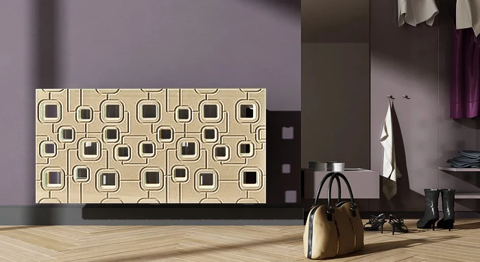 Bespoke Radiator Heater Cover in GOLD Finish with modern geometric SATURN Design Pattern