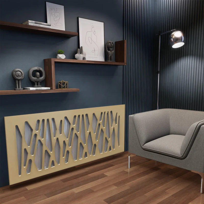 Stylish Modern Custom Made Radiator Heater Cover in Gold Finish with Unusual GEO Design Pattern