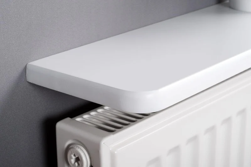 White 18mm thick Rounded Radiator Top Shelf with no drill brackets to deflect heat and save energy