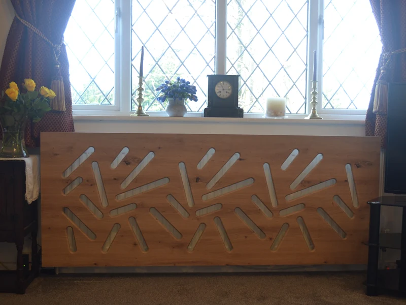Modern Custom Made Radiator Heater Cover with Trendy STICKS Design in Oak Wood Finish