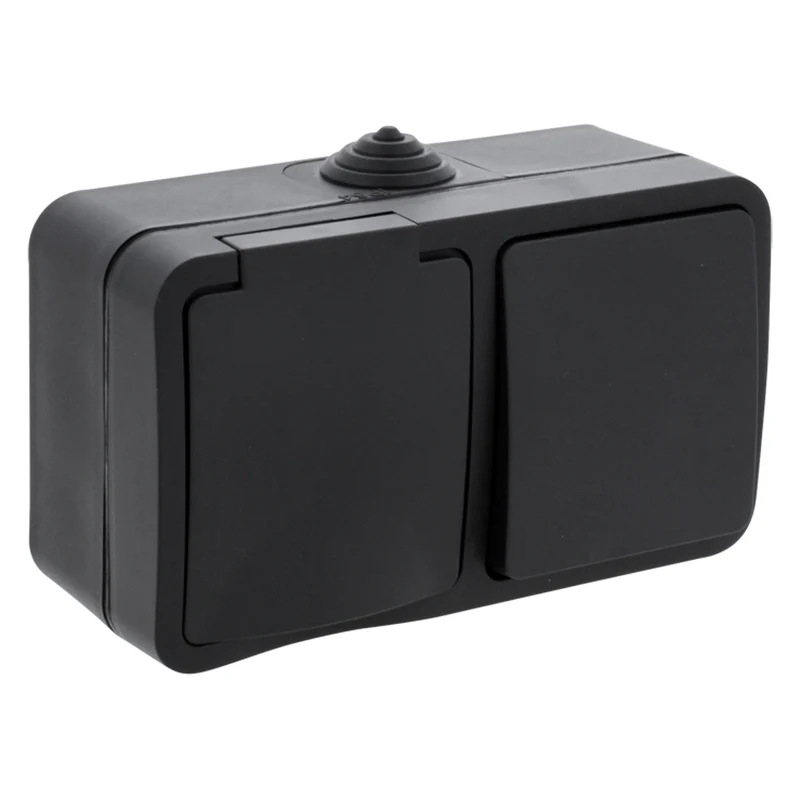 Q-Link SWD opbouw stopcontact + schakelaar 3-voudig randaarde zwart