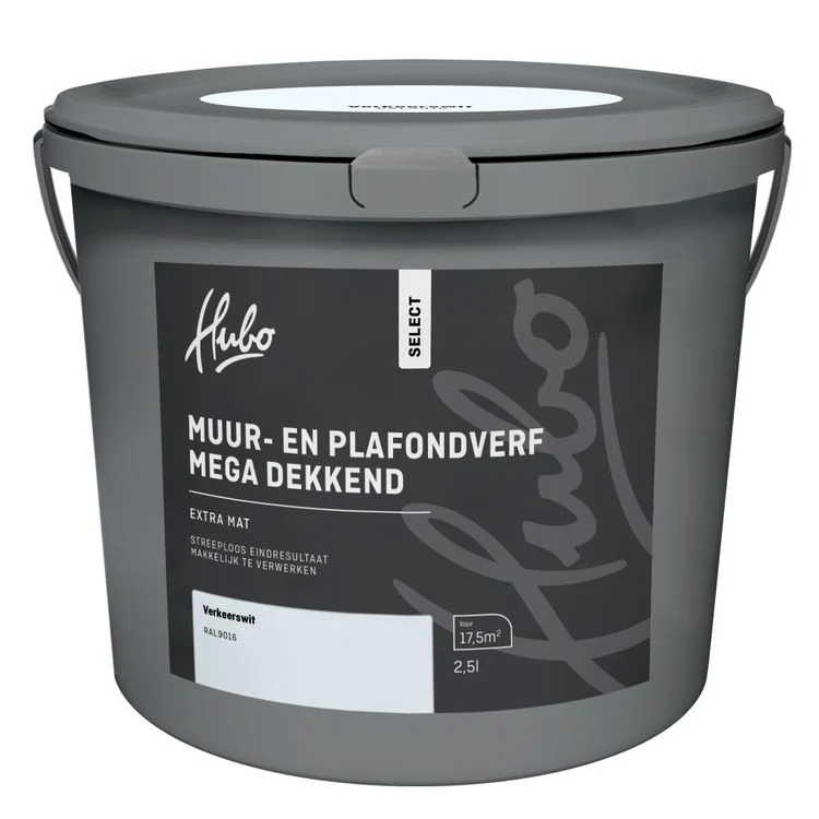 Hubo muur- en plafondverf extra mat RAL9016 verkeers wit 2,5L