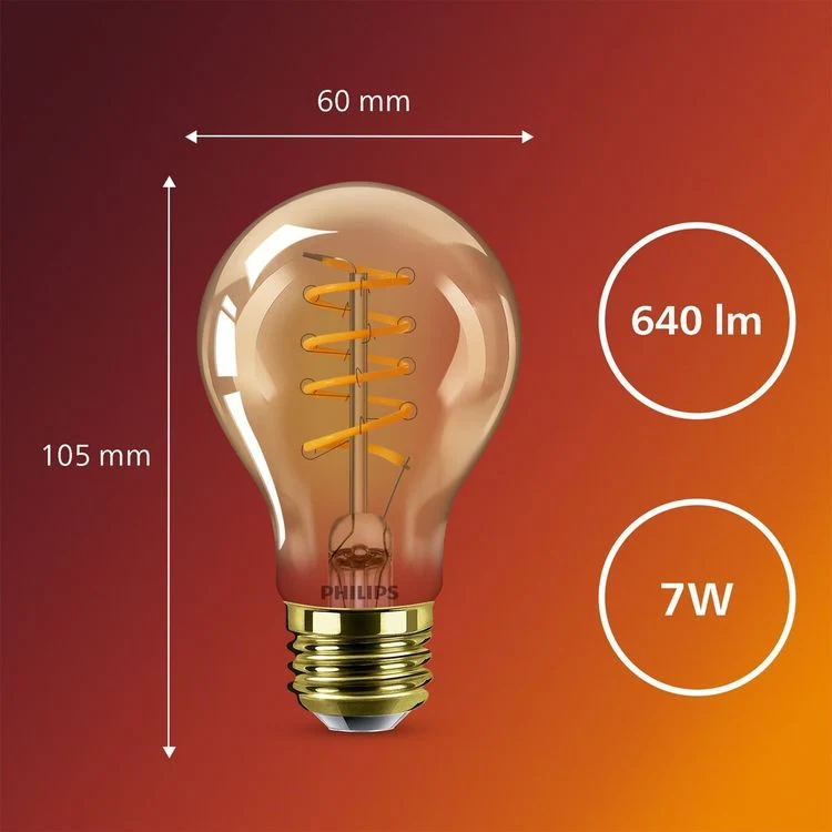 Philips LED filament standaard E27 amber warm wit 50W 640LM