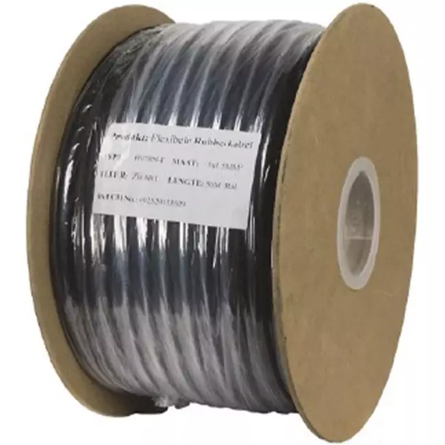 Soepele zwarte rubberkabel 4 x 1,5 voor buiten, rol 50 meter