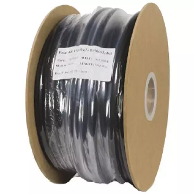 Soepele zwarte rubberkabel 3 x 1,5 voor buiten, rol 50 meter