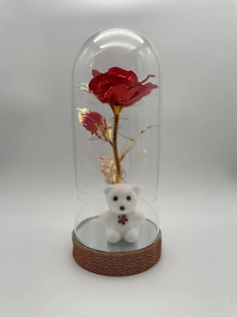Beauty and the Beast Zijde Roos in Glas Stolp Rose Kunstroos Valentijn - Cadeau voor Vrouw - Vriendin - Mama - Oma - Valentijnsdag - Belle en het Beest - Glazen - Multicolor - 22CM