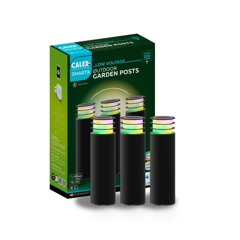 Calex Smart Outdoor Set van 3 Slimme Tuinpalen - 24v Tuinverlichting - Sokkellamp met RGB en Warm Wit Licht - Zwart