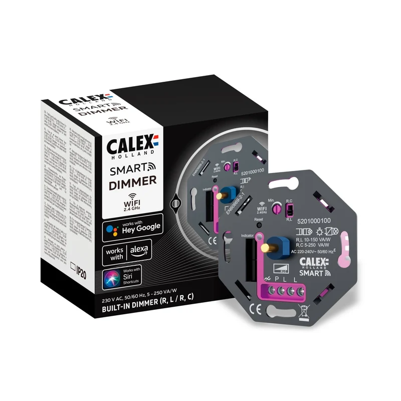 Calex Smart LED Dimmer - Wifi - Inbouw - 5-250W - Fase Aan/Afsnijding - Universeel