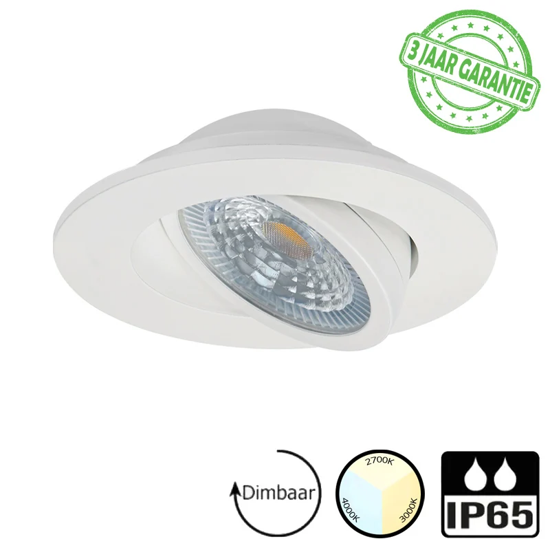 LED downlighter - Inbouw -7 watt dimbaar - Kantelbaar - 3 lichtkleuren instelbaar CCT - IP65 - Wit