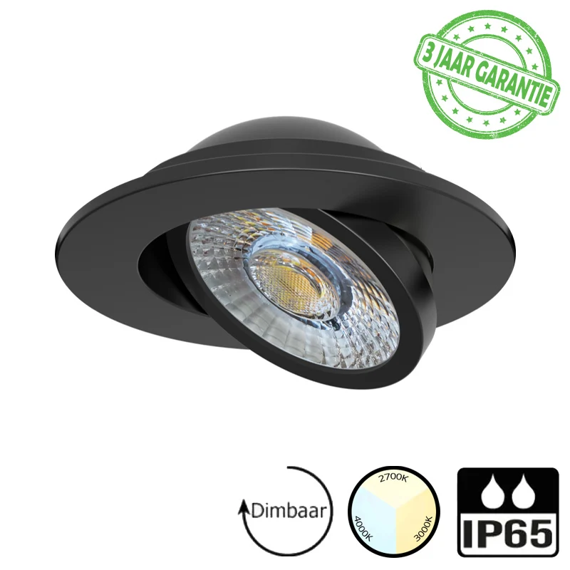 LED downlighter - Inbouw -7 watt dimbaar - Kantelbaar - 3 lichtkleuren instelbaar CCT - IP65 - Mat zwart