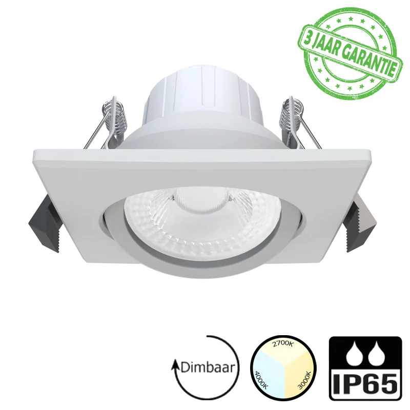LED downlighter - Inbouw - 5 watt dimbaar - Kantelbaar - 3 lichtkleuren instelbaar CCT - IP65 - Wit - Vierkant