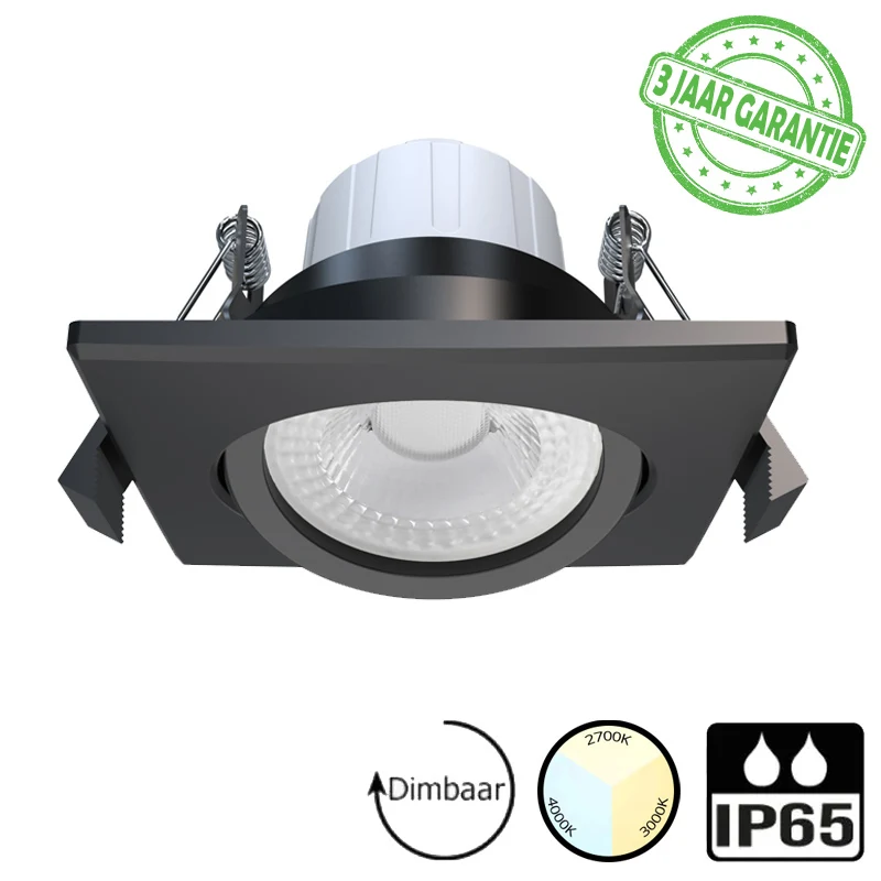 LED downlighter - Inbouw - 5 watt dimbaar - Kantelbaar - 3 lichtkleuren instelbaar CCT - IP65 - Mat zwart |-Vierkant