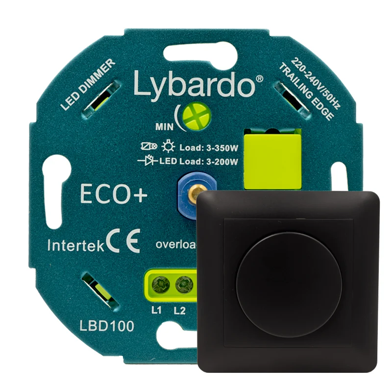 LED dimmer Lybardo Eco+ 3-200 watt met zwart afdekraam - Universeel -Inbouw - Fase afsnijding