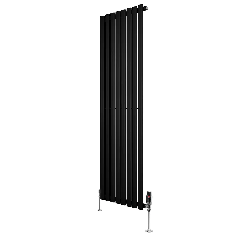Ovale Design Radiator - 1 Kolom - 1600 mm x 480 mm - Zwart - Incl. Haakse Thermostaatkraan