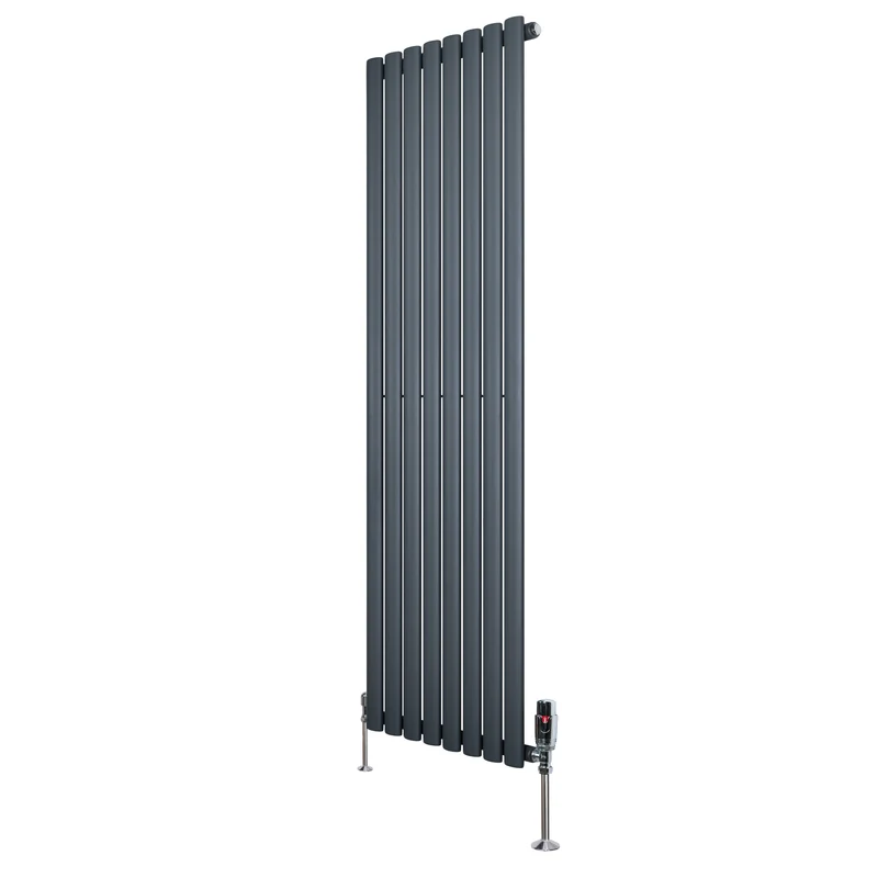 Ovale Design Radiator - 1 Kolom - 1600 mm x 480 mm - Antraciet Grijs - Incl. Haakse Thermostaatkraan