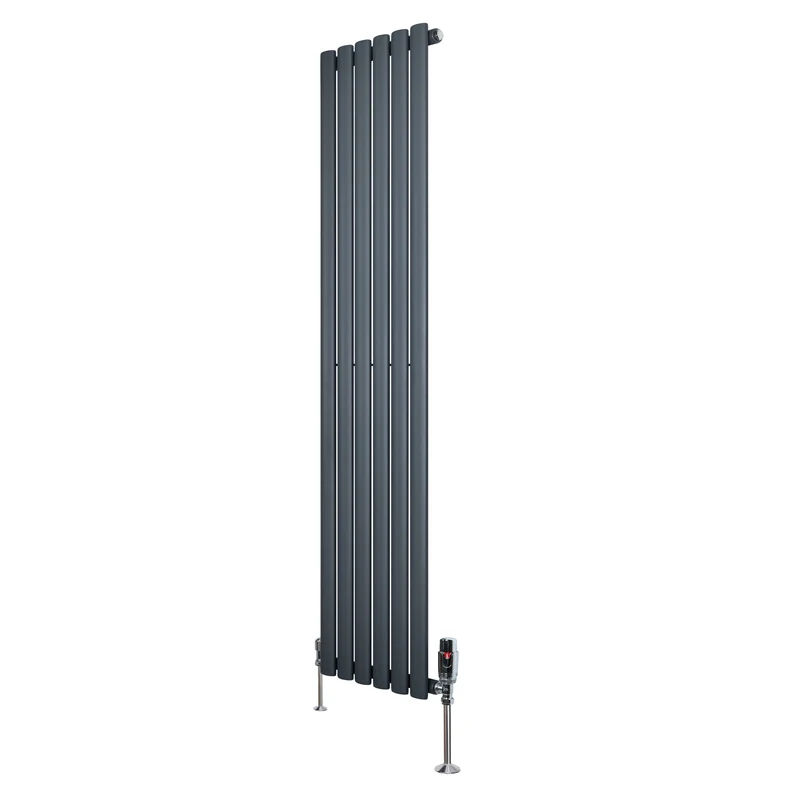 Ovale Design Radiator - 1 Kolom - 1600 mm x 360 mm - Antraciet Grijs - Incl. Haakse Thermostaatkraan