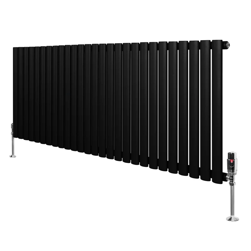 Ovale Design Radiator - 1 Kolom - 600 mm x 1620 mm - Zwart - Incl. Haakse Thermostaatkraan