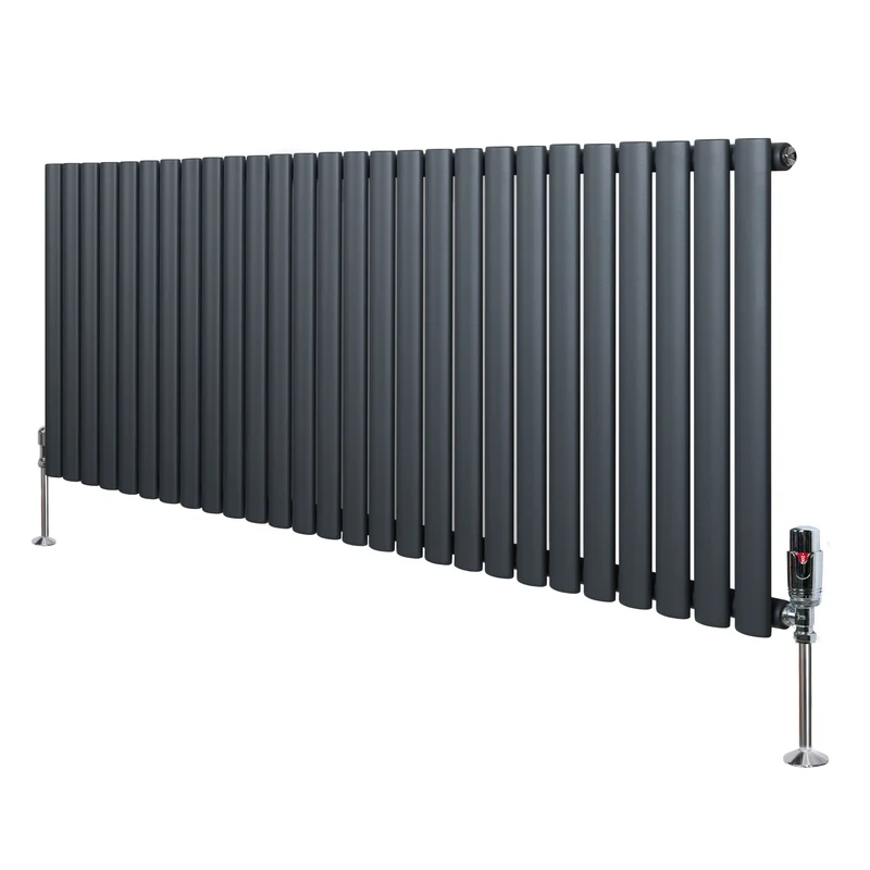Ovale Design Radiator - 1 Kolom - 600 mm x 1620 mm - Antraciet Grijs - Incl. Haakse Thermostaatkraan