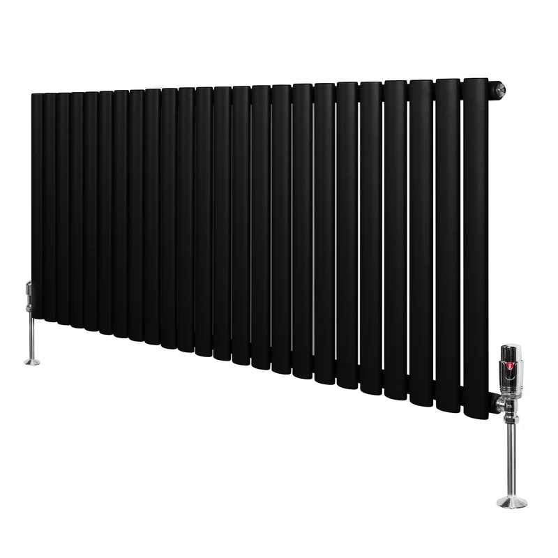 Ovale Design Radiator - 1 Kolom - 600 mm x 1440 mm - Zwart - Incl. Haakse Thermostaatkraan