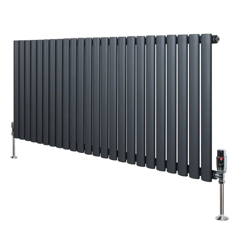 Ovale Design Radiator - 1 Kolom - 600 mm x 1440 mm - Antraciet Grijs - Incl. Haakse Thermostaatkraan