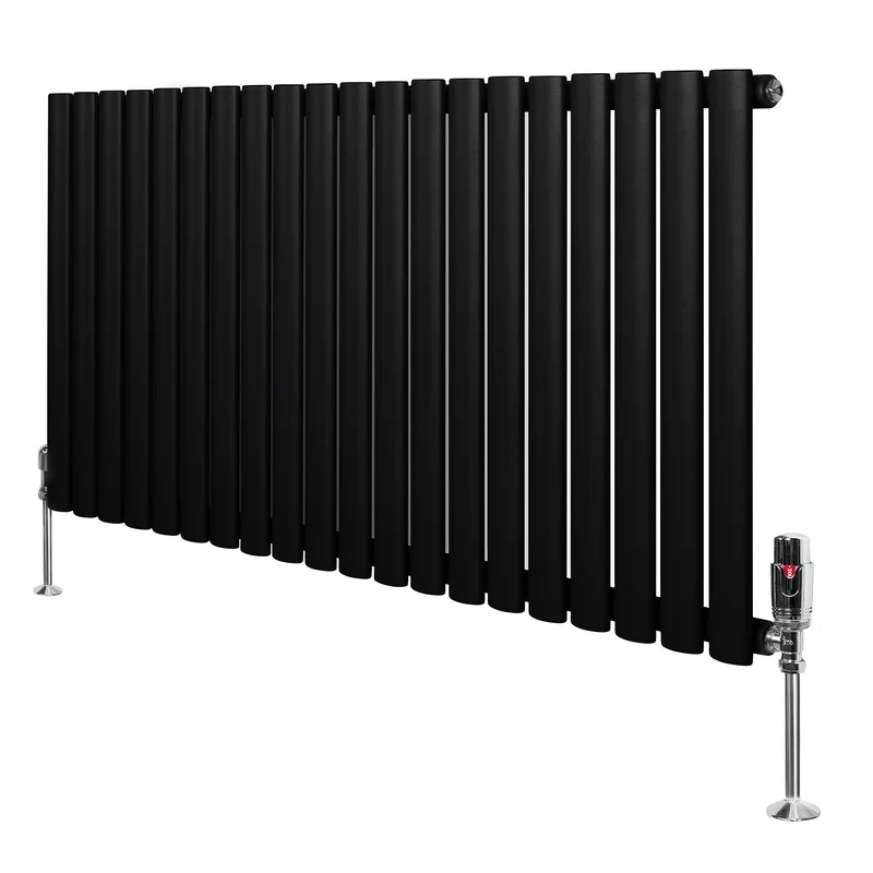 Ovale Design Radiator - 1 Kolom - 600 mm x 1200 mm - Zwart - Incl. Haakse Thermostaatkraan