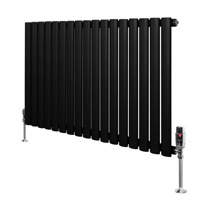 Ovale Design Radiator - 1 Kolom - 600 mm x 1020 mm - Zwart - Incl. Haakse Thermostaatkraan