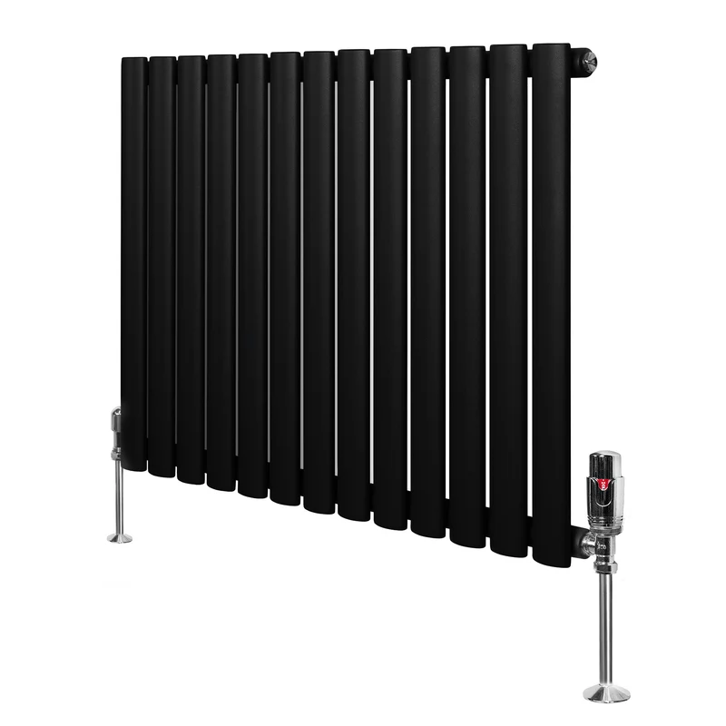 Ovale Design Radiator - 1 Kolom - 600 mm x 780 mm - Zwart - Incl. Haakse Thermostaatkraan