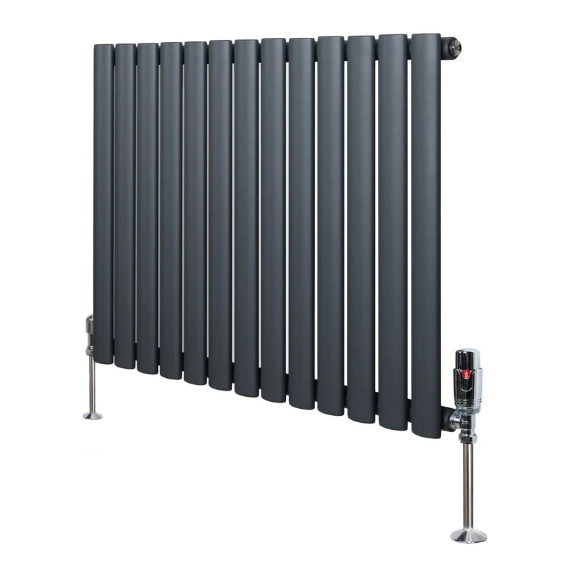 Ovale Design Radiator - 1 Kolom - 600 mm x 780 mm - Antraciet Grijs - Incl. Haakse Thermostaatkraan