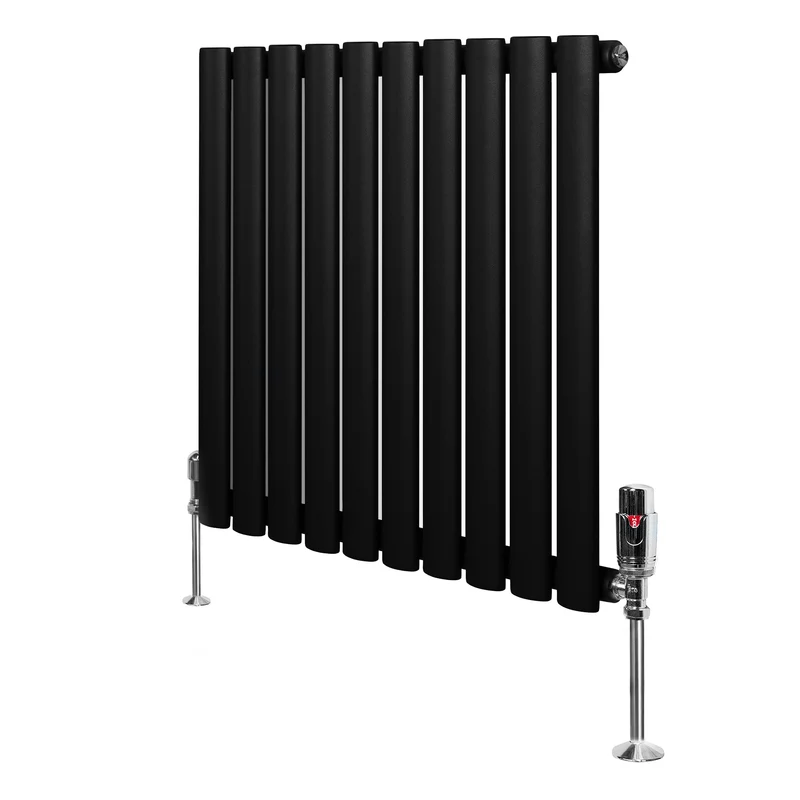 Ovale Design Radiator - 1 Kolom - 600 mm x 600 mm - Zwart - Incl. Haakse Thermostaatkraan