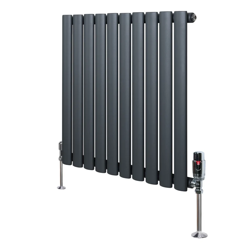 Ovale Design Radiator - 1 Kolom - 600 mm x 600 mm - Antraciet Grijs - Incl. Haakse Thermostaatkraan
