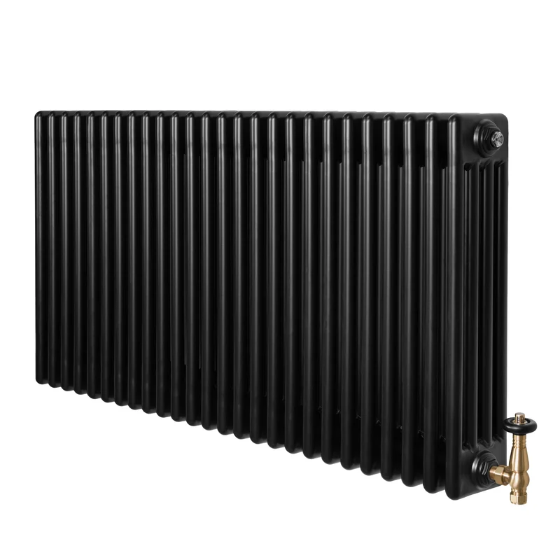 Traditionele 4-Kolom Radiator - 600 x 1190 mm - Zwart - Incl. Haakse Thermostaatkraan