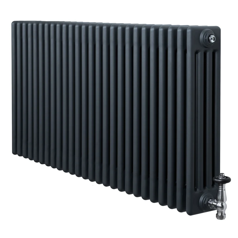 Traditionele 4-Kolom Radiator - 600 x 1190 mm - Antraciet Grijs - Incl. Haakse Thermostaatkraan