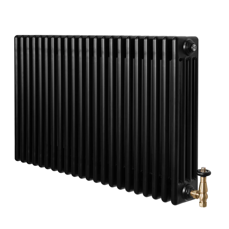 Traditionele 4-Kolom Radiator - 600 x 1010 mm - Zwart - Incl. Haakse Thermostaatkraan