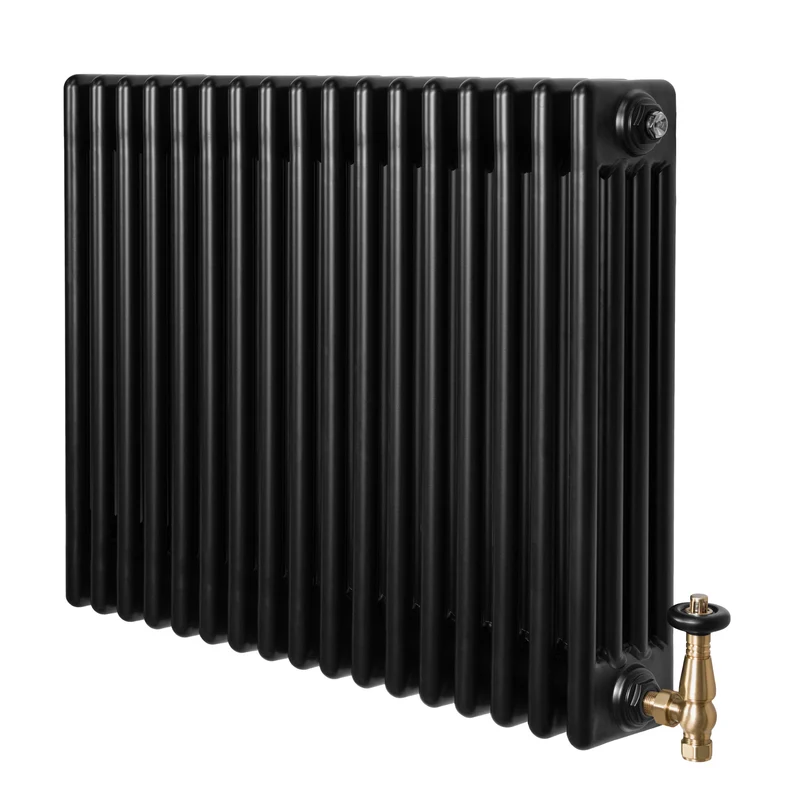 Traditionele 4-Kolom Radiator - 600 x 785 mm - Zwart - Incl. Haakse Thermostaatkraan