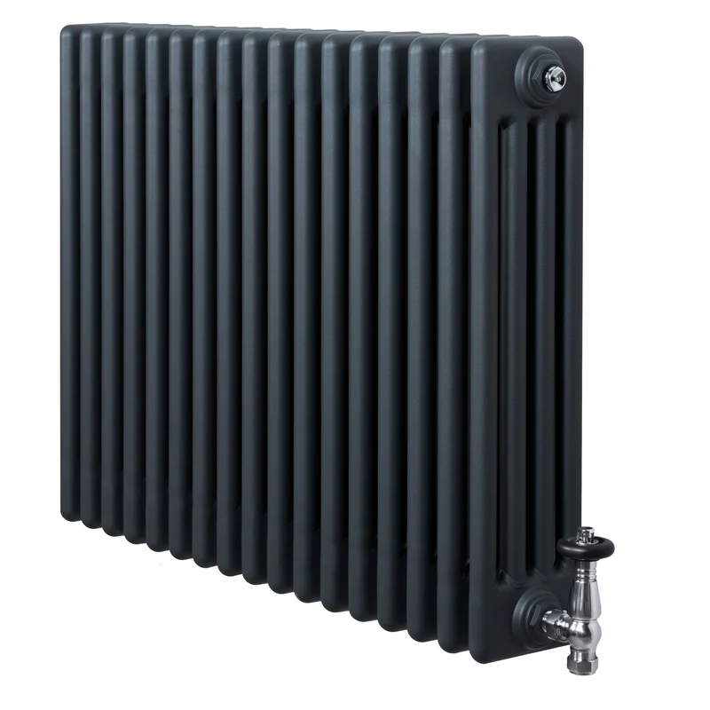 Traditionele 4-Kolom Radiator - 600 x 785 mm - Antraciet Grijs - Incl. Haakse Thermostaatkraan