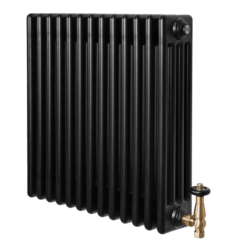Traditionele 4-Kolom Radiator - 600 x 605 mm - Zwart - Incl. Haakse Thermostaatkraan
