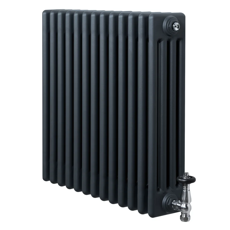 Traditionele 4-Kolom Radiator - 600 x 605 mm - Antraciet Grijs - Incl. Haakse Thermostaatkraan
