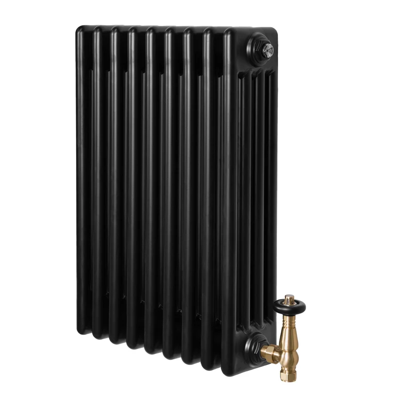 Traditionele 4-Kolom Radiator - 600 x 425 mm - Zwart - Incl. Haakse Thermostaatkraan