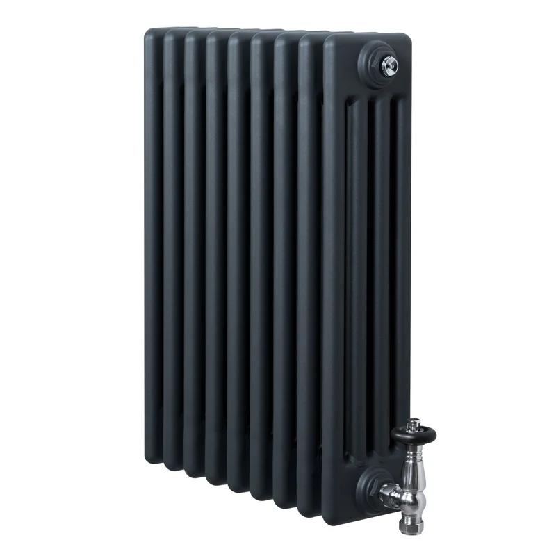 Traditionele 4-Kolom Radiator - 600 x 425 mm - Antraciet Grijs - Incl. Haakse Thermostaatkraan